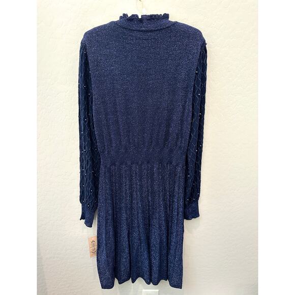 NANETTE LEPORE Navy Metallic Knit Dress Long Sleeve Pearl Party Cocktail NWT XL - Picture 6 of 9